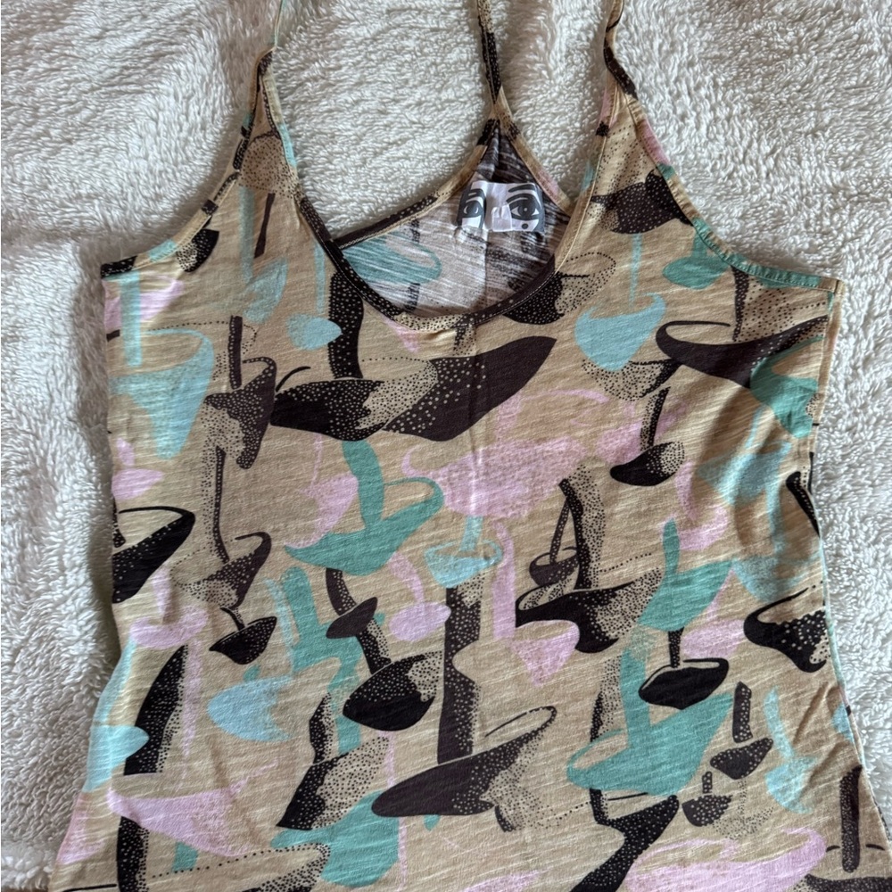Park Vogel Sleeveless Abstract Print Tank Top in Beige with Mint & Pink